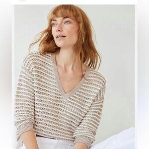 White House Black Market Striped Sweater In Ecru-Oat Size Small, Open Knit